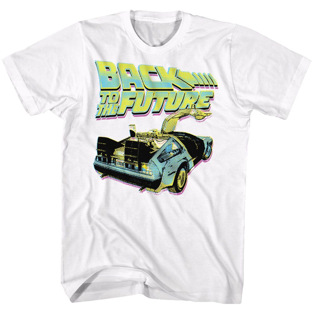 White Back to the Future t-shirt featuring Back to the Future Neon logo design