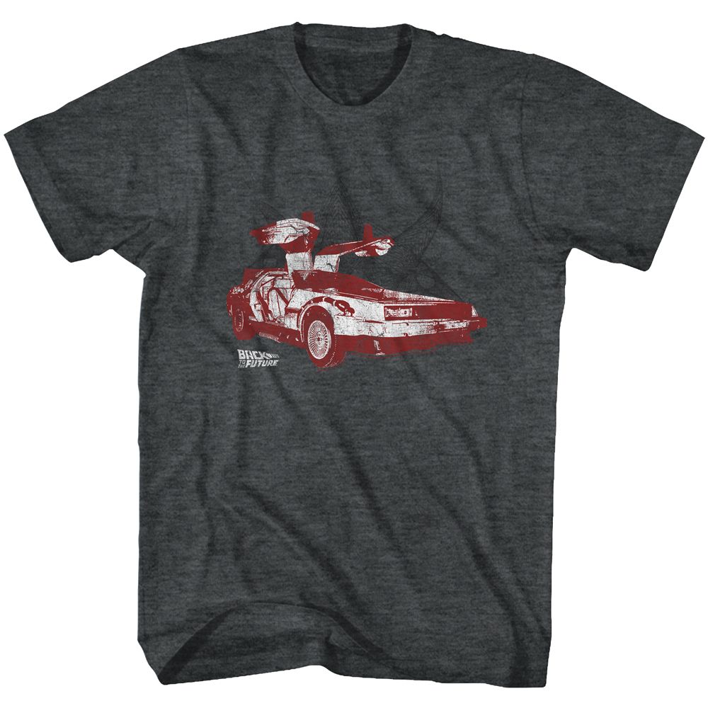 Black heather Back to the Future t-shirt featuring Back to the Future Doors DeLorean gullwing design