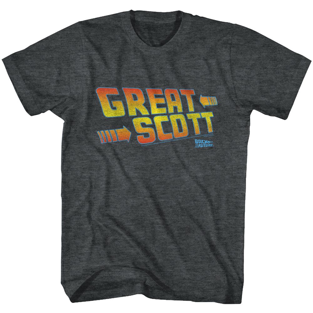 Black heather Back to the Future t-shirt featuring Back to the Future Great Scott design