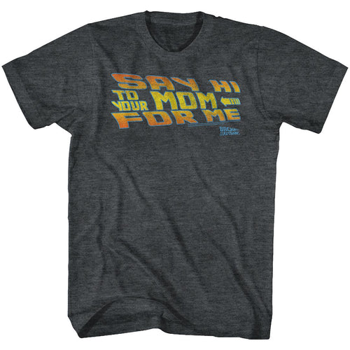 Black heather Back to the Future t-shirt featuring Back to the Future Say Hi design