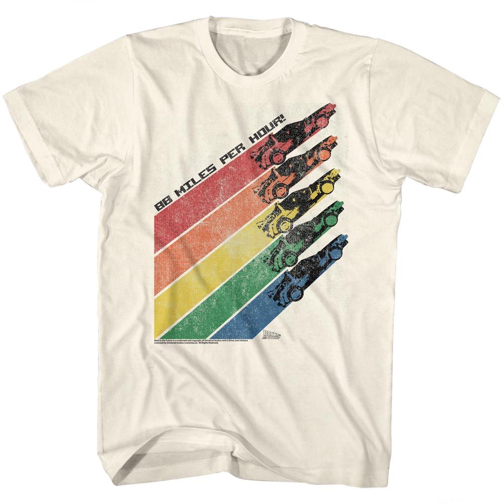 Natural Back to the Future t-shirt featuring Back to the Future Rainbow time trails design