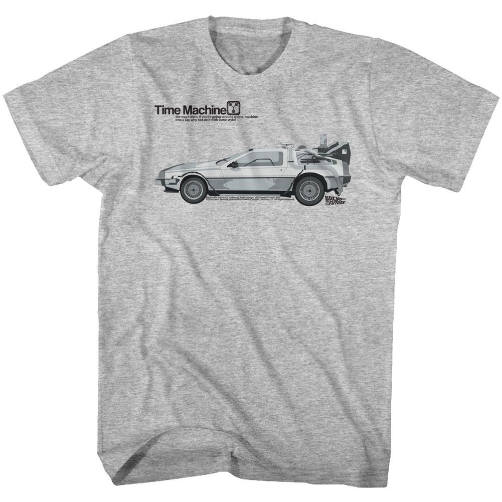 Gray heather Back to the Future t-shirt featuring Back to the Future DeLorean Car design