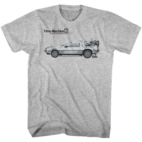 Gray heather Back to the Future t-shirt featuring Back to the Future DeLorean Car design