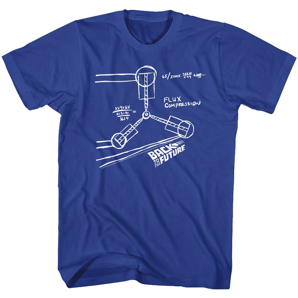 Royal blue Back to the Future t-shirt featuring Back to the Future Flux Capacitor sketch design