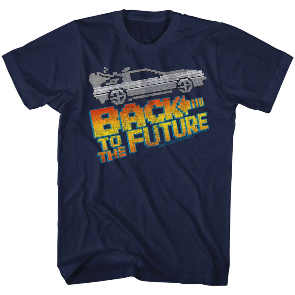 Navy Back to the Future t-shirt featuring Back to the Future 8-Bit pixel art design
