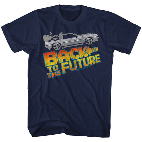 Navy Back to the Future t-shirt featuring Back to the Future 8-Bit pixel art design