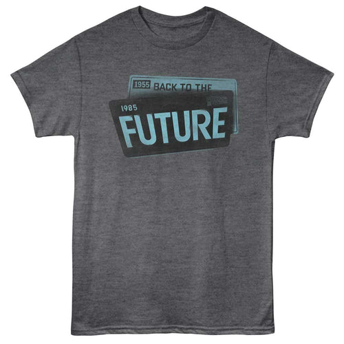 Heather charcoal Back to the Future t-shirt featuring Back to the Future Outatime California license plate design