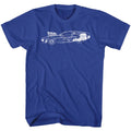 Royal blue Back to the Future t-shirt featuring Back to the Future DeLorean Schematics blueprint design