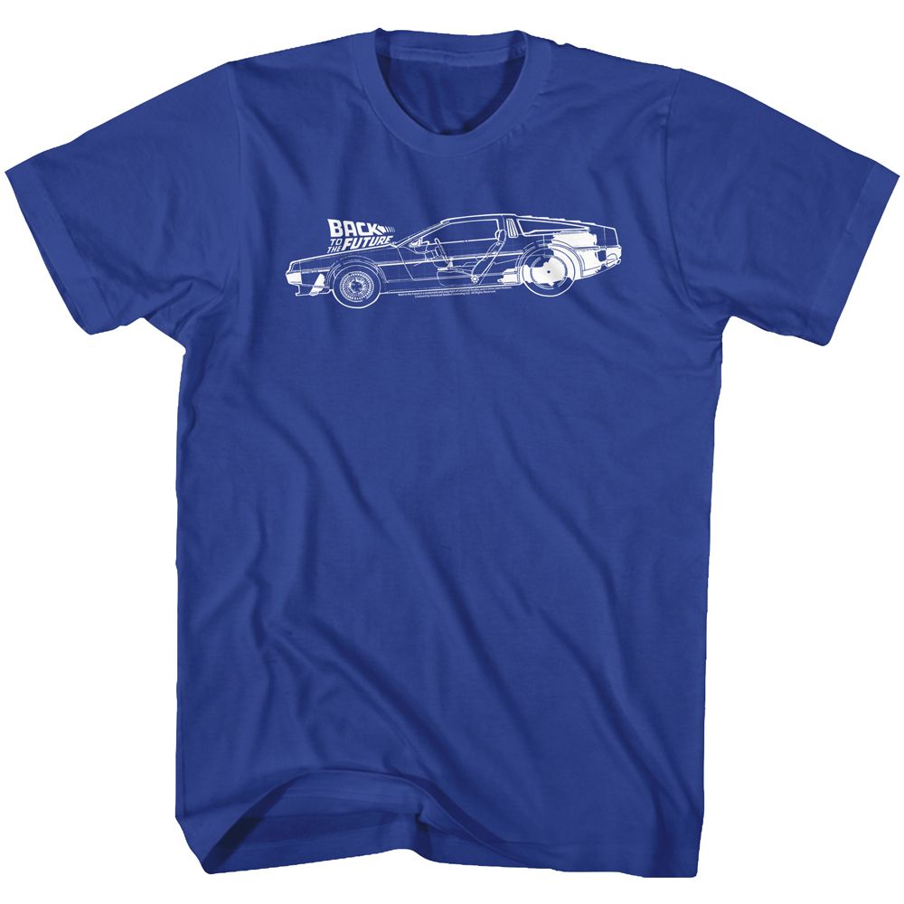 Royal blue Back to the Future t-shirt featuring Back to the Future DeLorean Schematics blueprint design