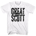 White Back to the Future t-shirt featuring Back to the Future Great Scott design