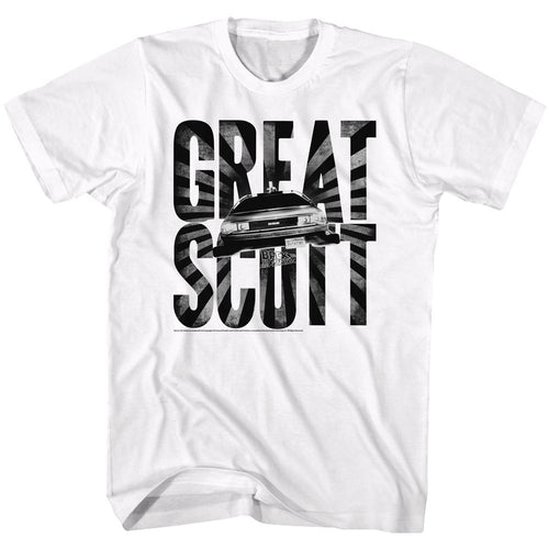 White Back to the Future t-shirt featuring Back to the Future Great Scott design