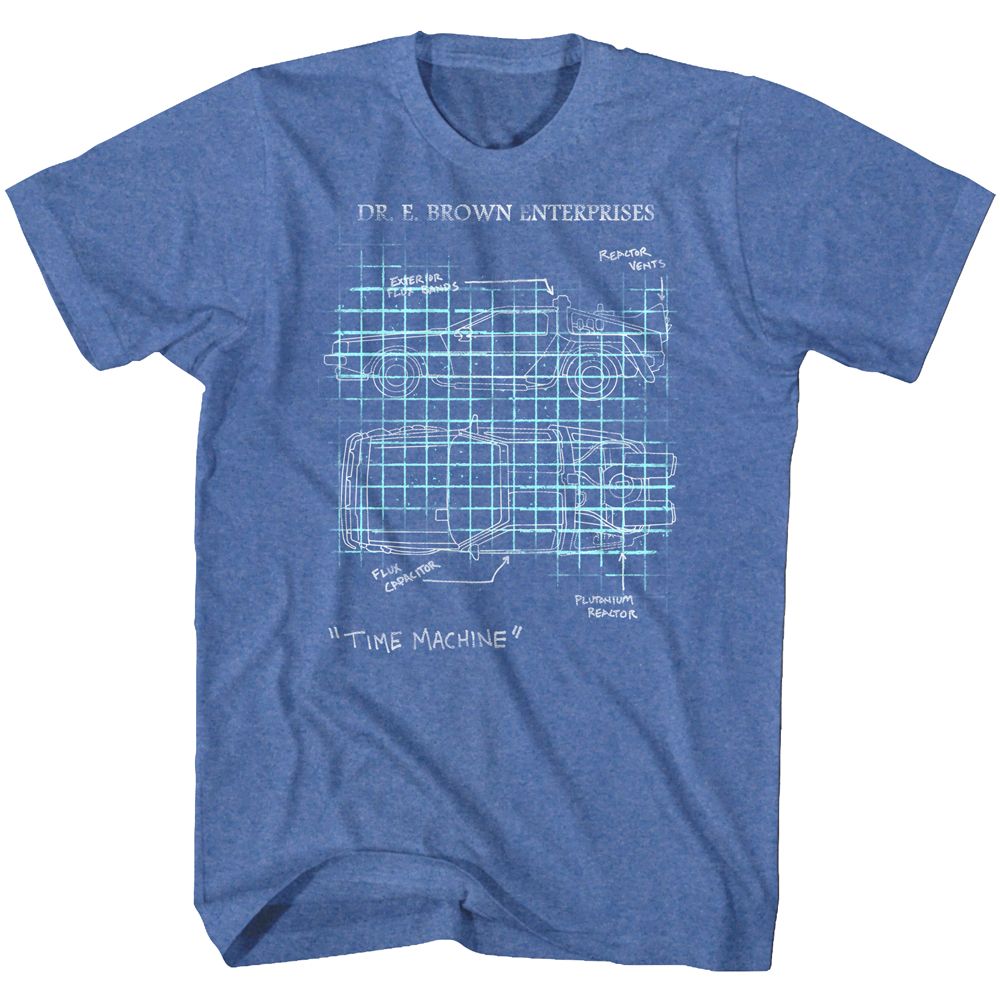 Royal heather Back to the Future t-shirt featuring Back to the Future DeLorean Car Schematic design