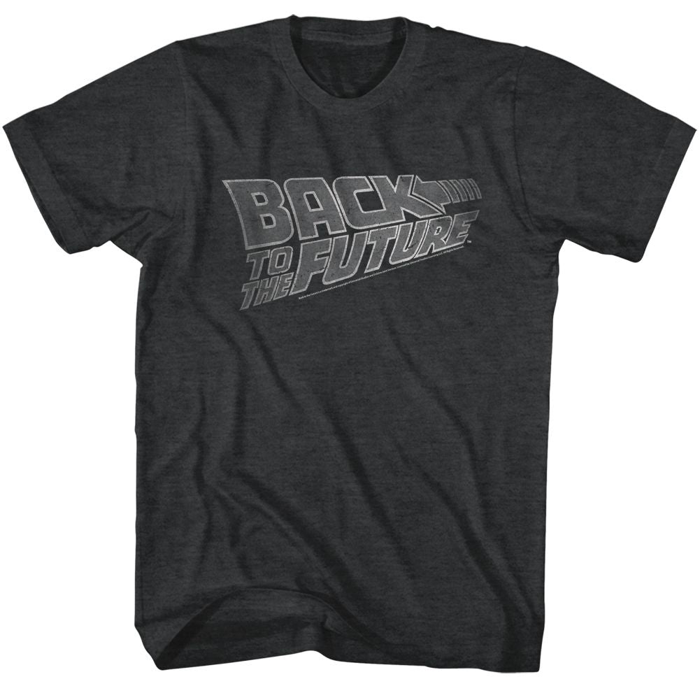 Black heather Back to the Future t-shirt featuring Back to the Future white logo design