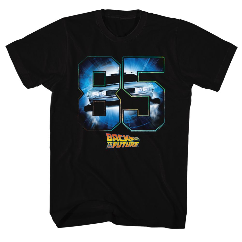 Black Back to the Future t-shirt featuring Back to the Future Eighty Five 1985 design