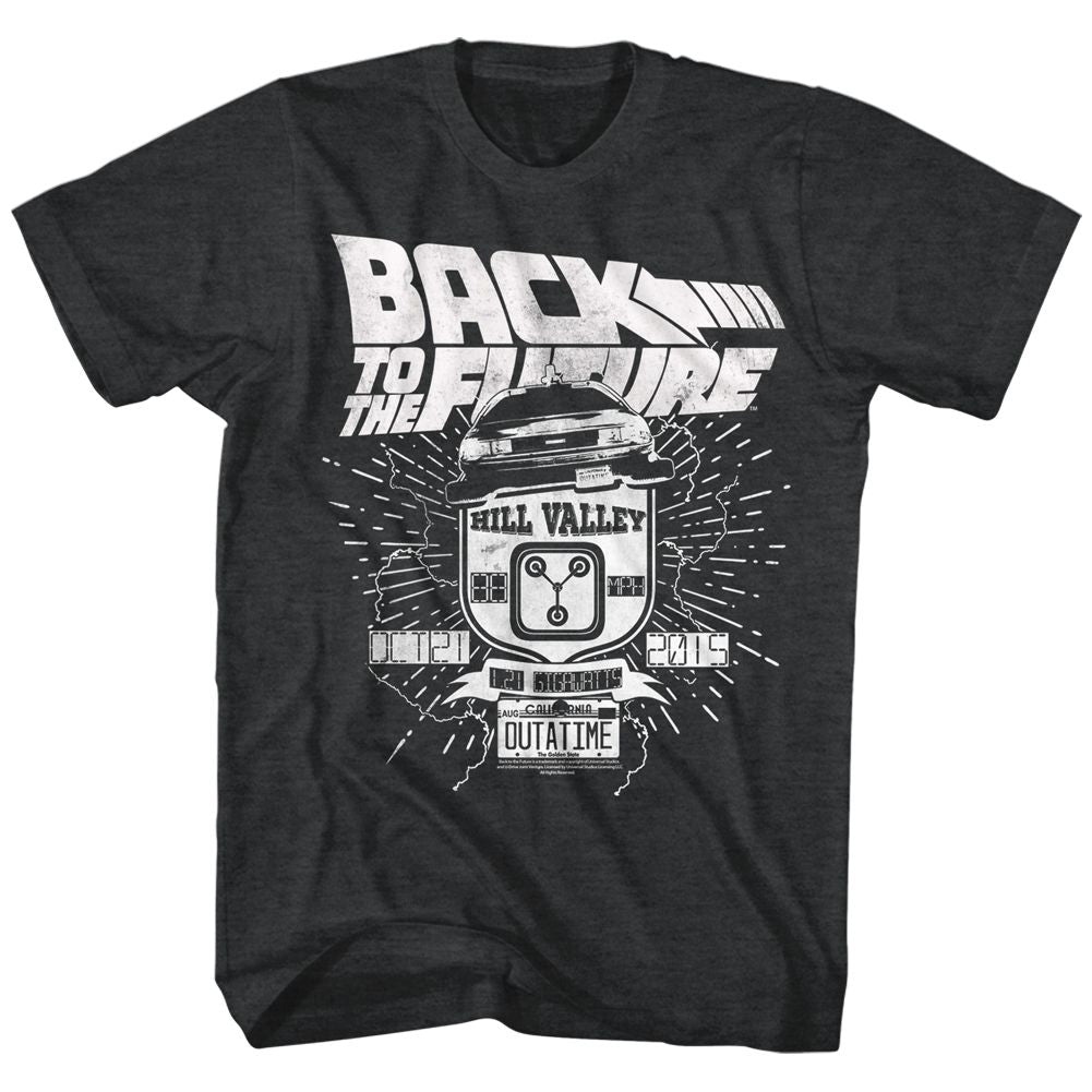 Black heather Back to the Future t-shirt featuring Back to the Future Vintage DeLorean design