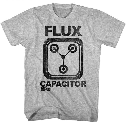 Gray Heather Back to the Future t-shirt featuring a Flux Capacitor design