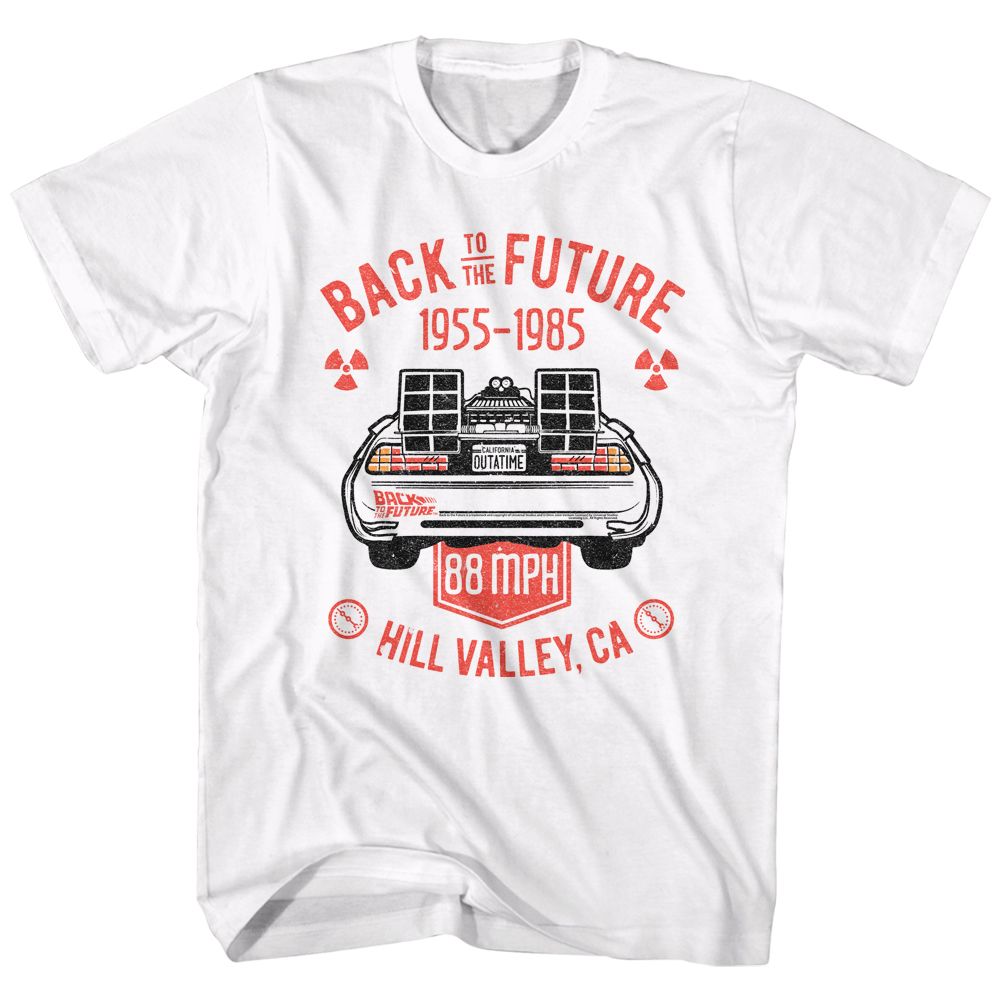White Back to the Future t-shirt featuring Back to the Future Vintage DMC DeLorean design