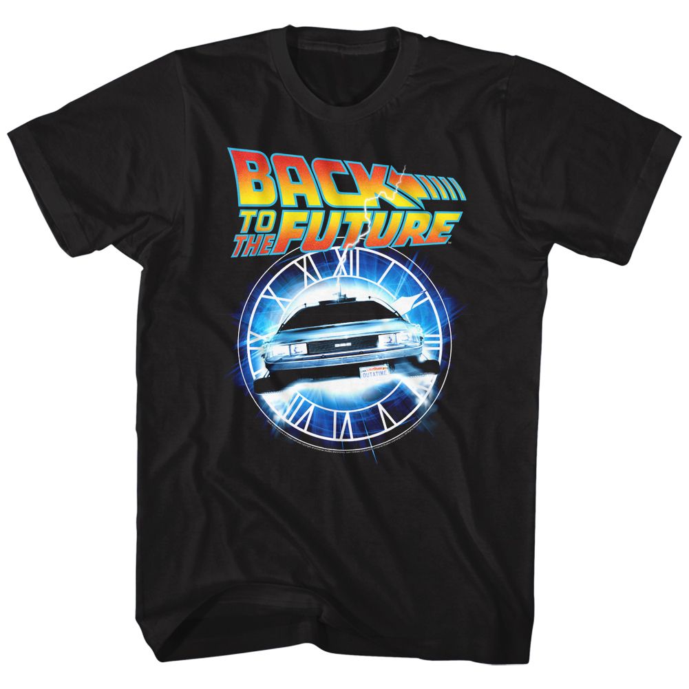 Black Back to the Future t-shirt featuring Back to the Future Out Of Time design