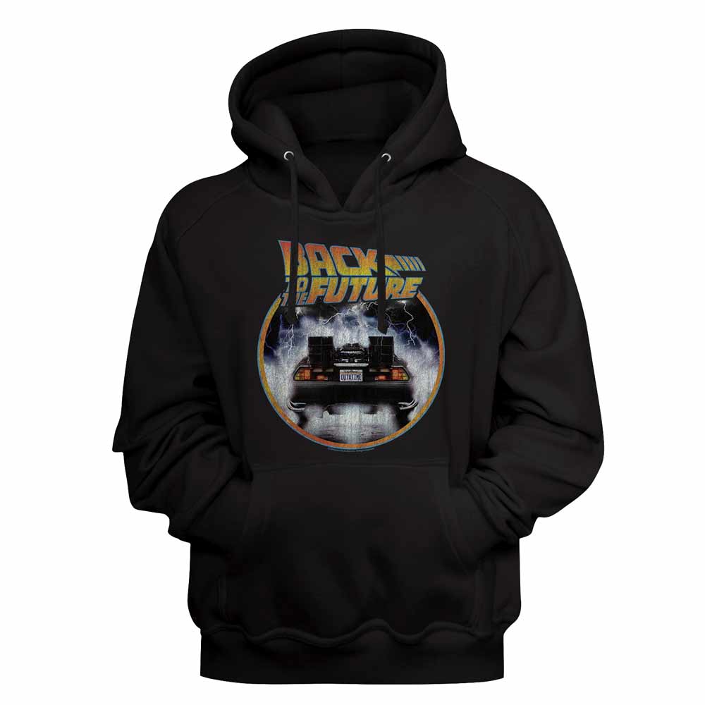 Black Back to the Future pullover hoodie featuring a DeLorean Flame Circle design