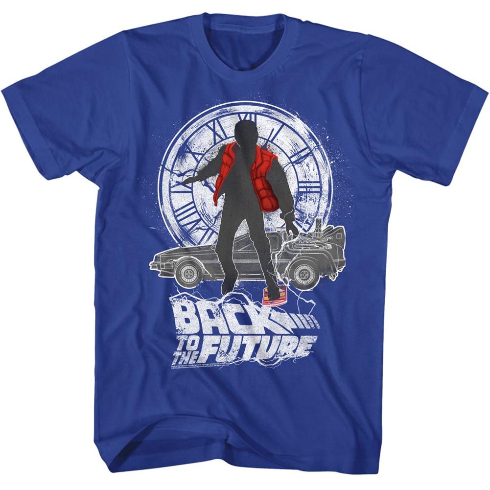 Royal blue Back to the Future t-shirt featuring Back to the Future Silhouette Collage design