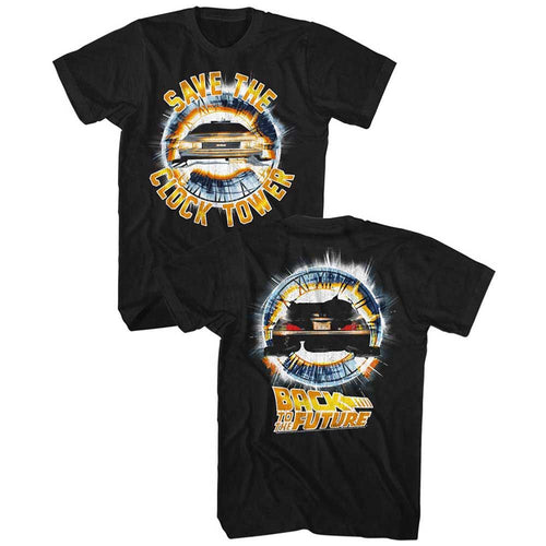 Black Back to the Future t-shirt featuring a Clocktower design