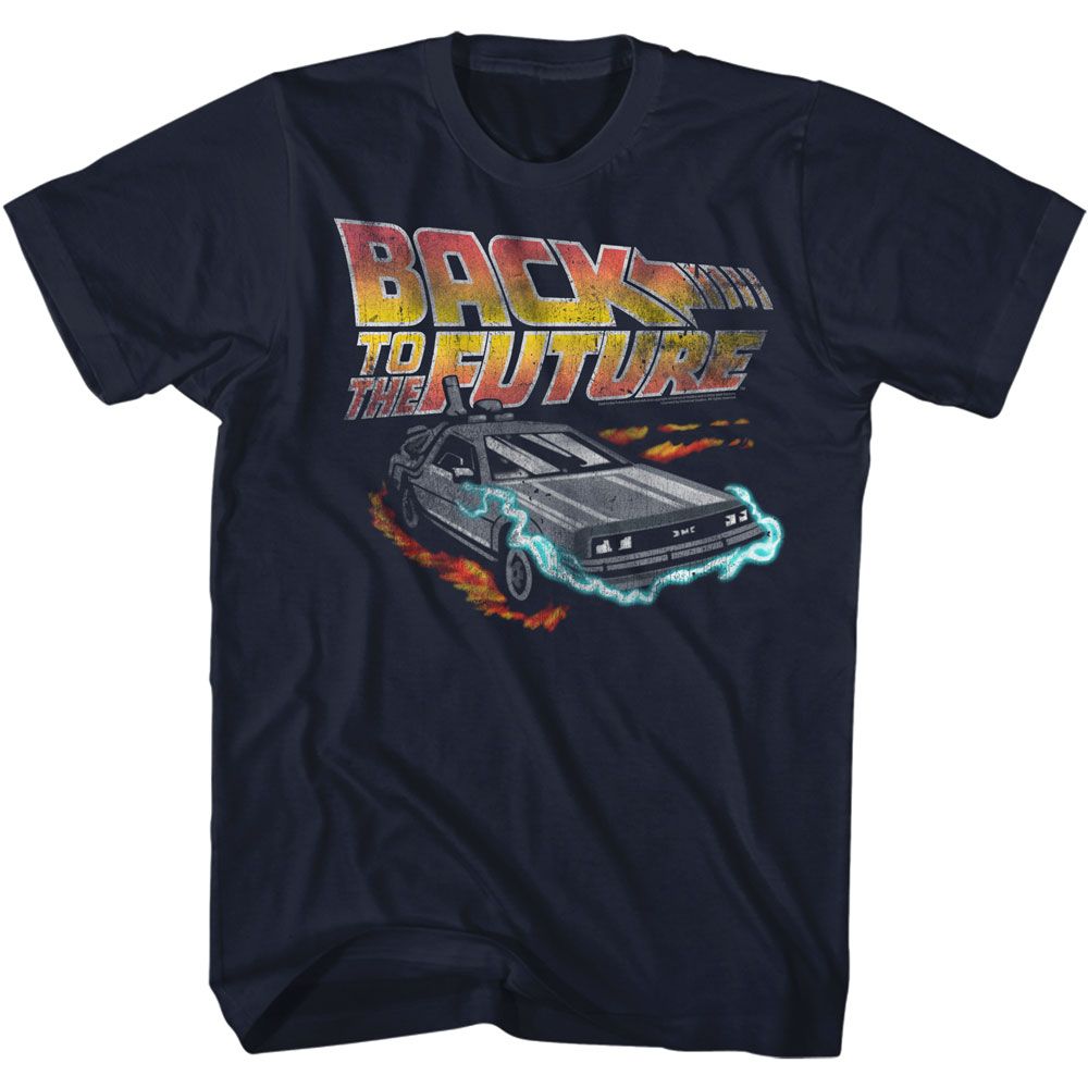 Navy Back to the Future t-shirt featuring Back to the Future Future text design