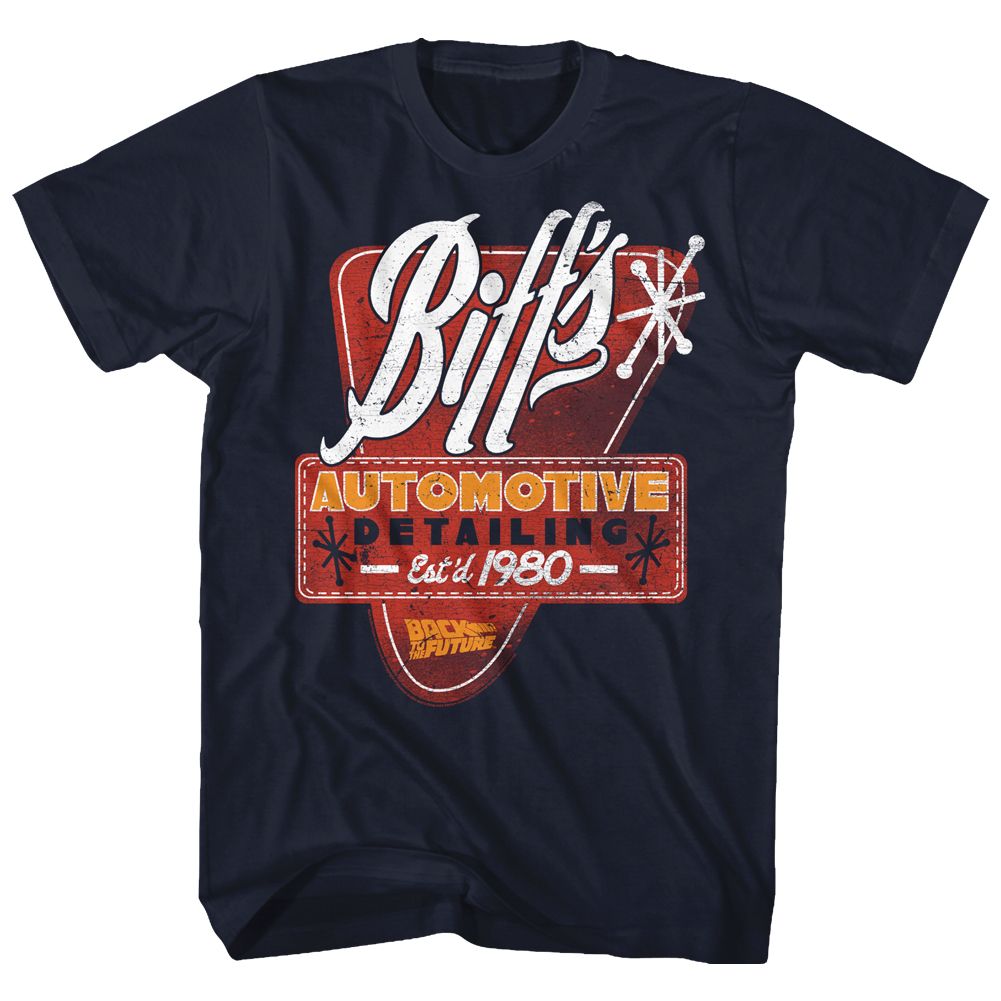 Navy Back to the Future t-shirt featuring Back to the Future Biff Tannen detail design