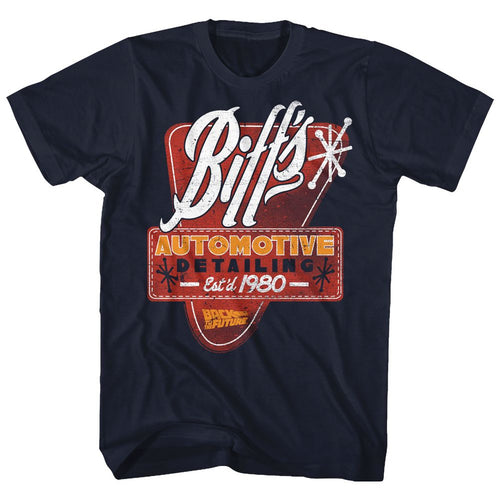 Navy Back to the Future t-shirt featuring Back to the Future Biff Tannen detail design