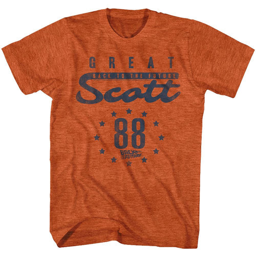 Antique orange heather Back to the Future t-shirt featuring Back to the Future Scott 88 design