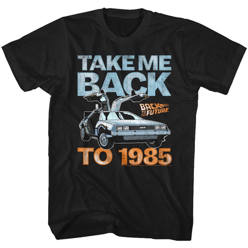 Black Back to the Future t-shirt featuring Back to the Future Take Me Back To 1985 design
