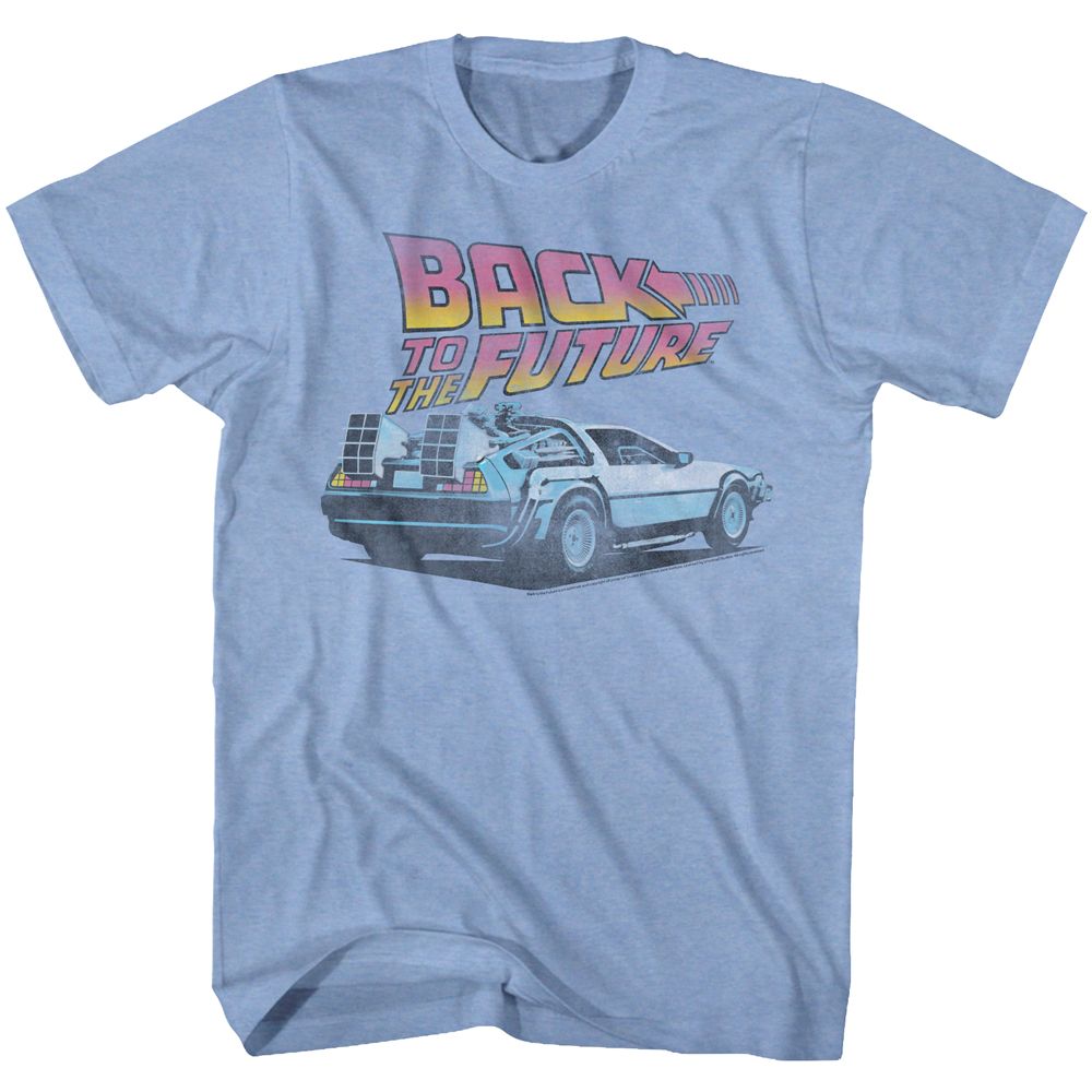 Light blue heather Back to the Future t-shirt featuring Back to the Future Future text design