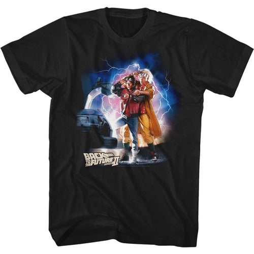 Black Back to the Future t-shirt featuring Back to the Future Marty Doc Car Lightning collage design