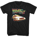 Black Back to the Future t-shirt featuring Back to the Future DeLorean with flat wheels design