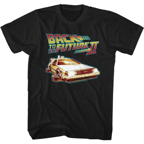 Black Back to the Future t-shirt featuring Back to the Future DeLorean with flat wheels design