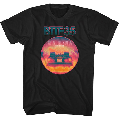 Black Back to the Future t-shirt featuring Back to the Future 35th Anniversary Neon design