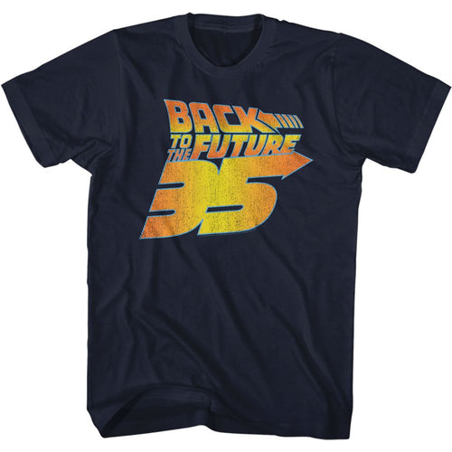 Navy Back to the Future t-shirt featuring Back to the Future 35th Anniversary distressed design