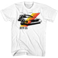 White Back to the Future t-shirt featuring Back to the Future 35th Anniversary Stripes design