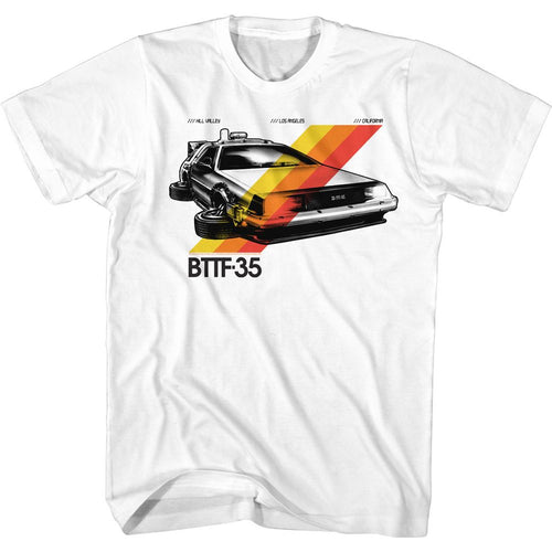 White Back to the Future t-shirt featuring Back to the Future 35th Anniversary Stripes design