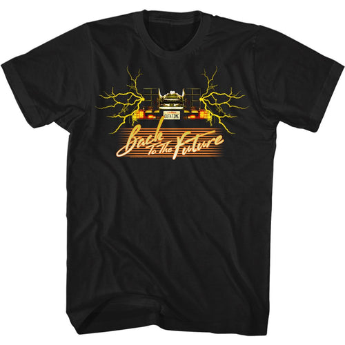 Black Back to the Future t-shirt featuring Back to the Future Yellow DeLorean design