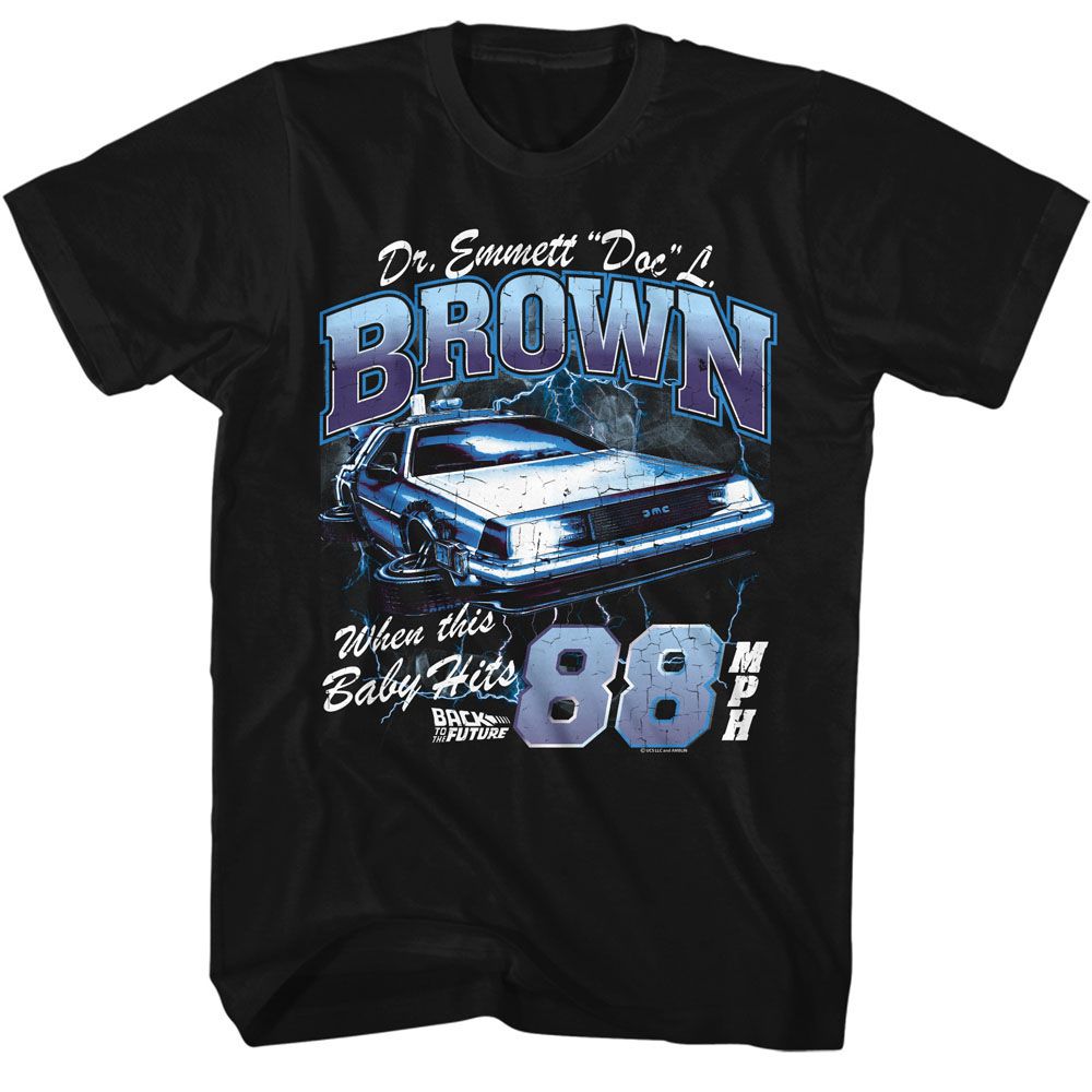Black Back to the Future t-shirt featuring Back to the Future Doc Brown Lightning design