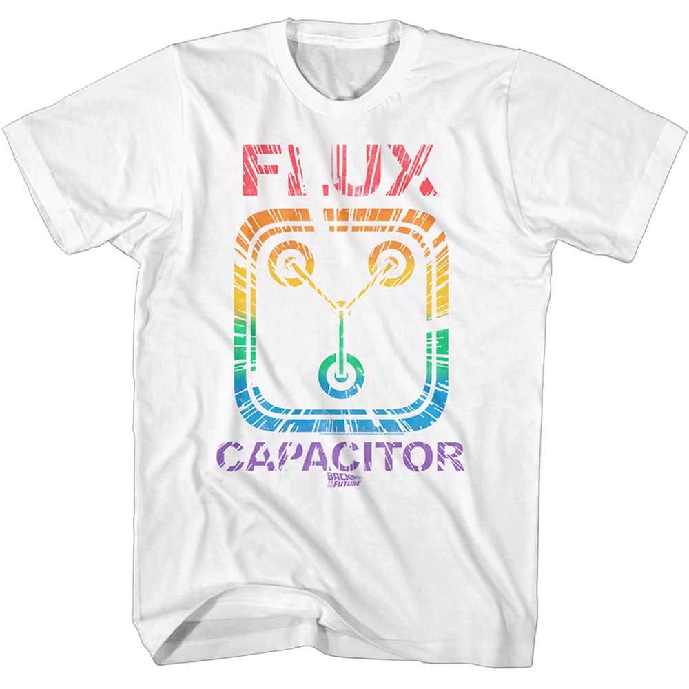 White Back to the Future t-shirt featuring Back to the Future Rainbow Flux design