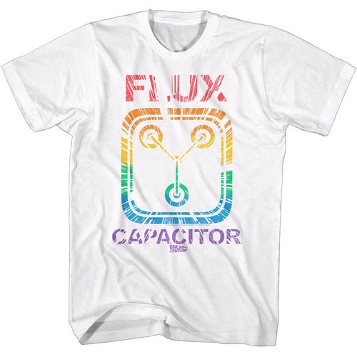 White Back to the Future t-shirt featuring Back to the Future Rainbow Flux design