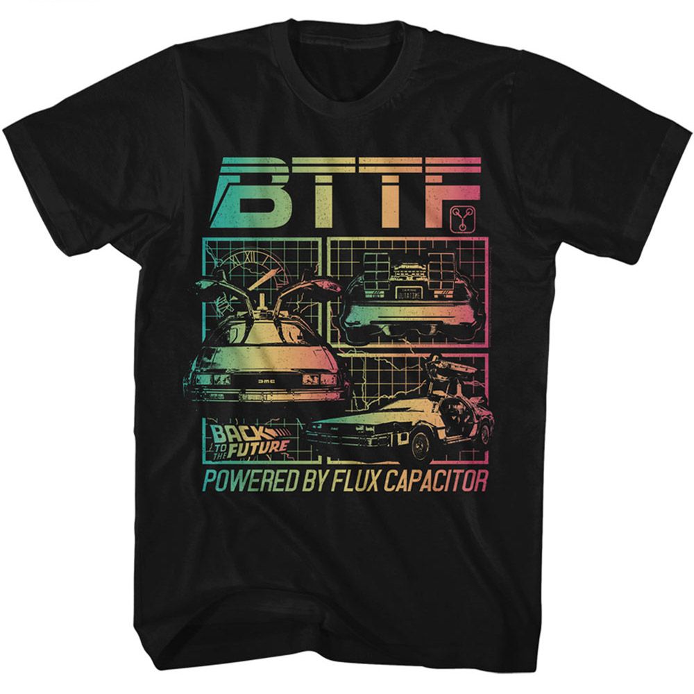 Black Back to the Future t-shirt featuring Back to the Future Powered By Flux Capacitor design