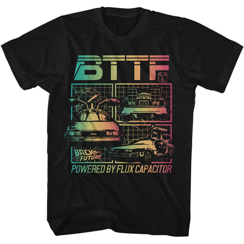 Black Back to the Future t-shirt featuring Back to the Future Powered By Flux Capacitor design