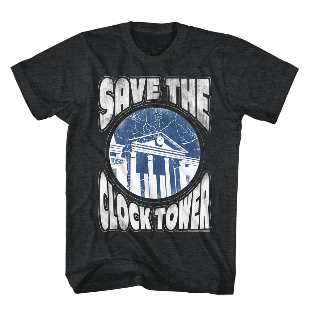 Black heather Back to the Future t-shirt featuring Back to the Future Save The Clock Tower design