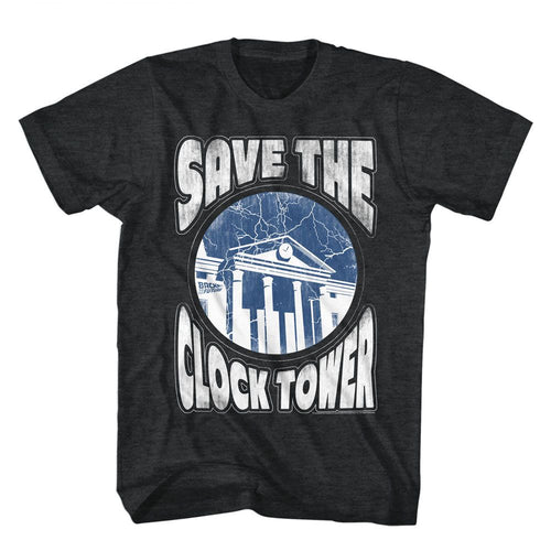 Black heather Back to the Future t-shirt featuring Back to the Future Save The Clock Tower design