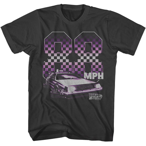 Smoke gray Back to the Future t-shirt featuring Back to the Future 88 Checkers design
