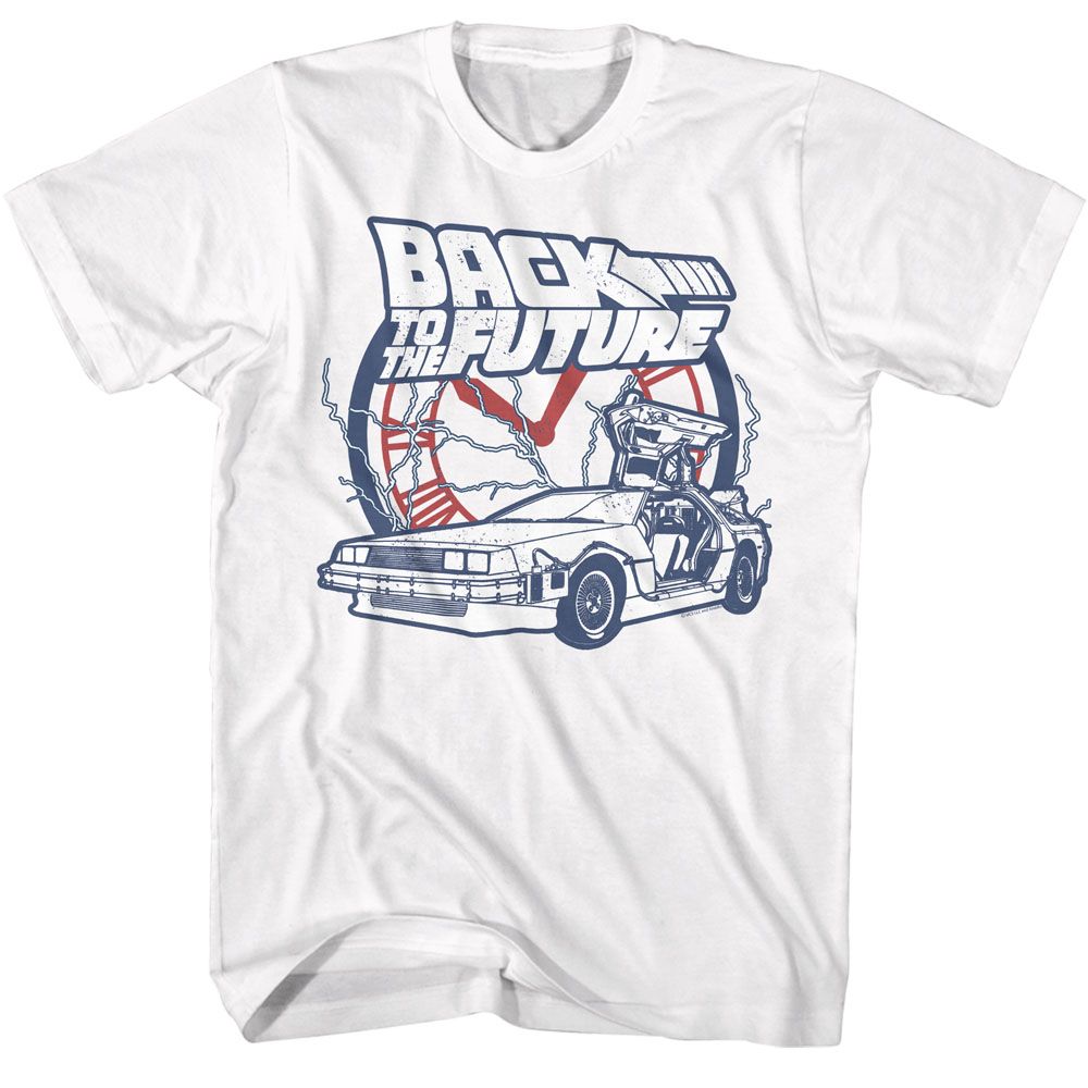 White Back to the Future t-shirt featuring Back to the Future Clock And Lightning design