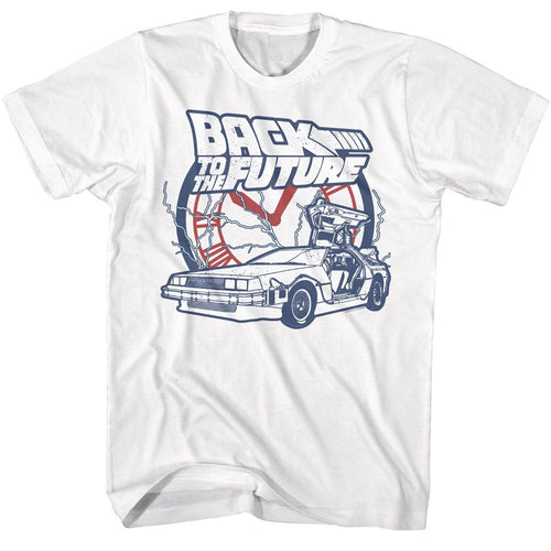 White Back to the Future t-shirt featuring Back to the Future Clock And Lightning design