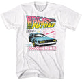 White Back to the Future t-shirt featuring Back to the Future BTF Clocks design